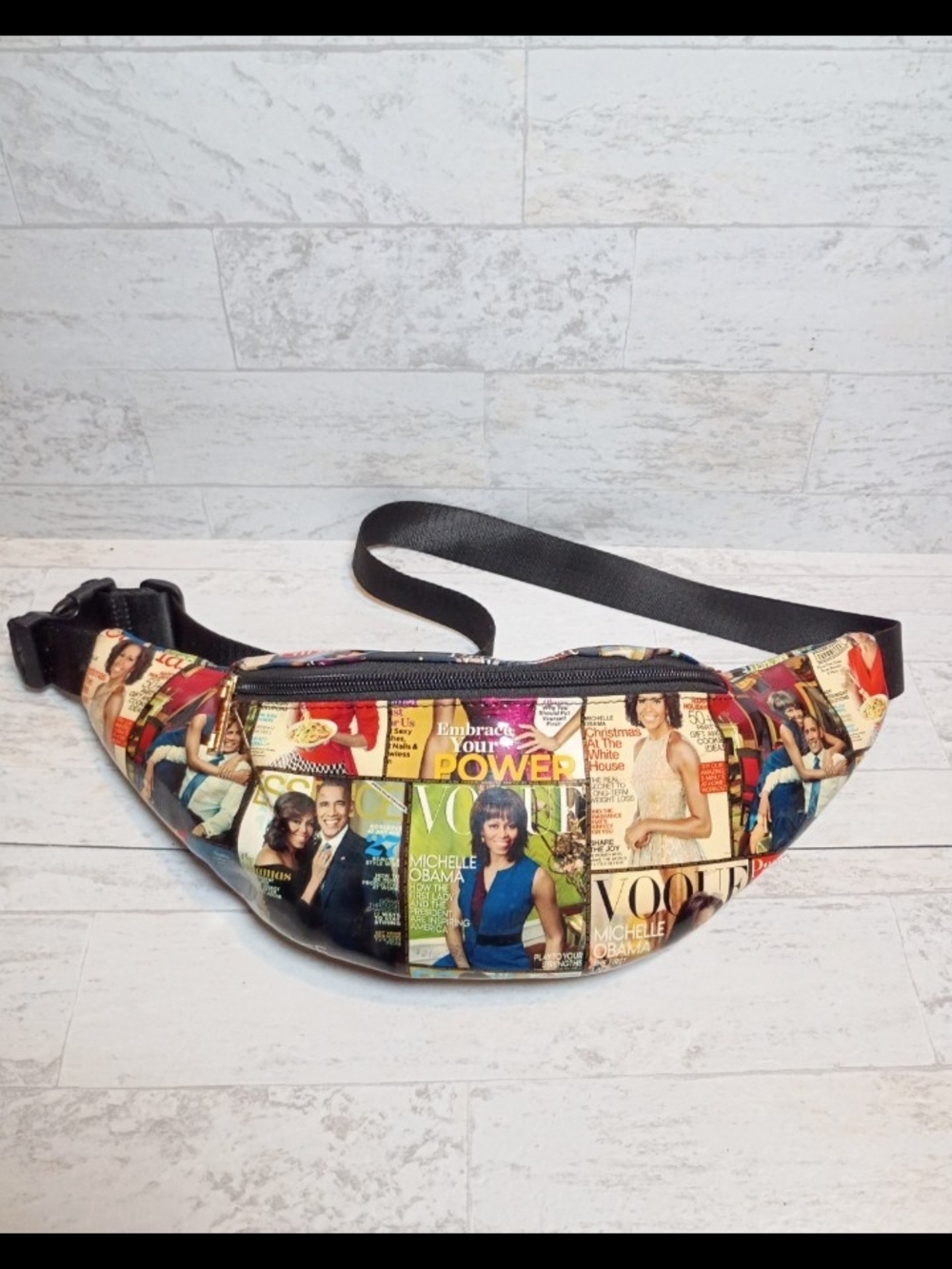 Multicolor Magazine-Cover Print Waist Bag Michelle Obama and Barack Obama
